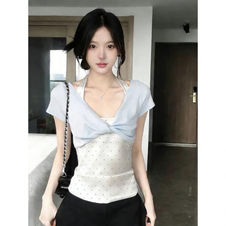 BY16139# 韩系甜美套装女夏季新款时尚百搭波点挂脖背心短袖罩衫系上衣 服裝批發女裝批發服飾貨源