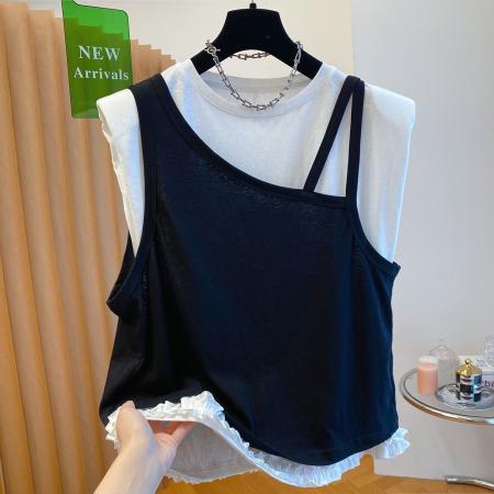 BY16143# 高级设计感两件套无袖T恤男女夏季大码宽松独特漂亮拼色上衣 服裝批發女裝批發服飾貨源