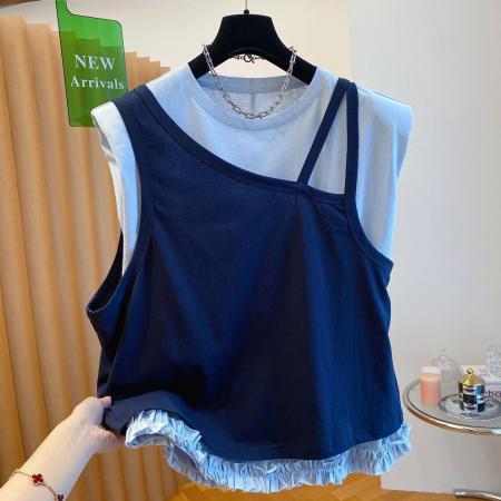 BY16143# 高级设计感两件套无袖T恤男女夏季大码宽松独特漂亮拼色上衣 服裝批發女裝批發服飾貨源