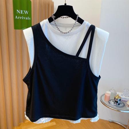 BY16143# 高级设计感两件套无袖T恤男女夏季大码宽松独特漂亮拼色上衣 服裝批發女裝批發服飾貨源