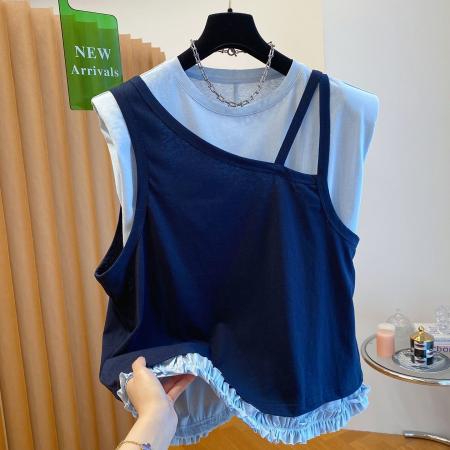 BY16143# 高级设计感两件套无袖T恤男女夏季大码宽松独特漂亮拼色上衣 服裝批發女裝批發服飾貨源