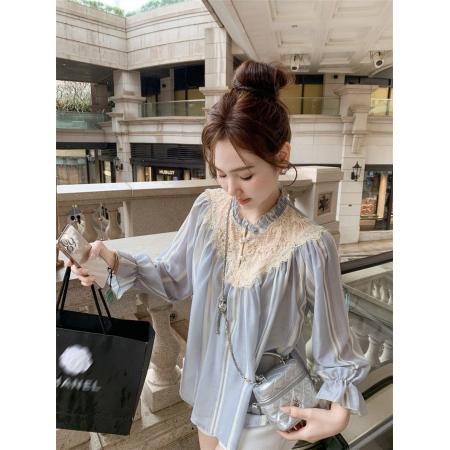 BY16145# 夏季新款蕾丝镂空拼接衬衫女浅蓝条纹雪纺上衣名媛气质小衫女 服裝批發女裝批發服飾貨源