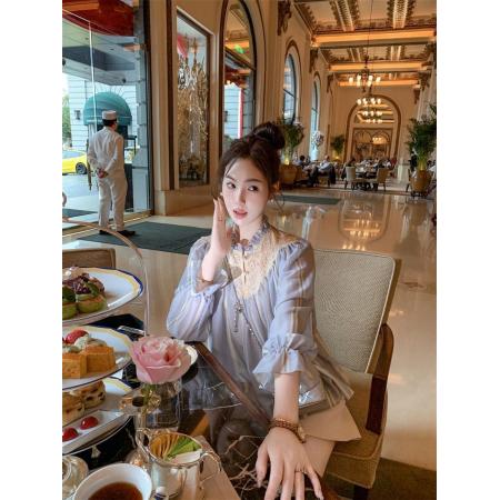 BY16145# 夏季新款蕾丝镂空拼接衬衫女浅蓝条纹雪纺上衣名媛气质小衫女 服裝批發女裝批發服飾貨源