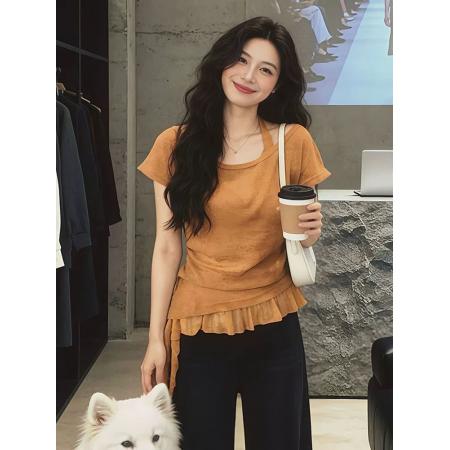 BY16149# 大码设计感不规则挂脖吊带短袖夏季300斤胖mm巨显瘦掐腰气质上衣 服裝批發女裝批發服飾貨源