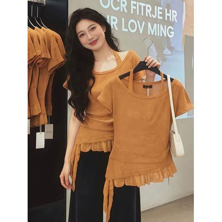 BY16149# 大码设计感不规则挂脖吊带短袖夏季300斤胖mm巨显瘦掐腰气质上衣 服裝批發女裝批發服飾貨源