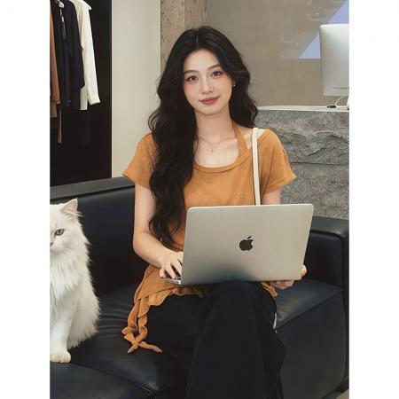 BY16149# 大码设计感不规则挂脖吊带短袖夏季300斤胖mm巨显瘦掐腰气质上衣 服裝批發女裝批發服飾貨源