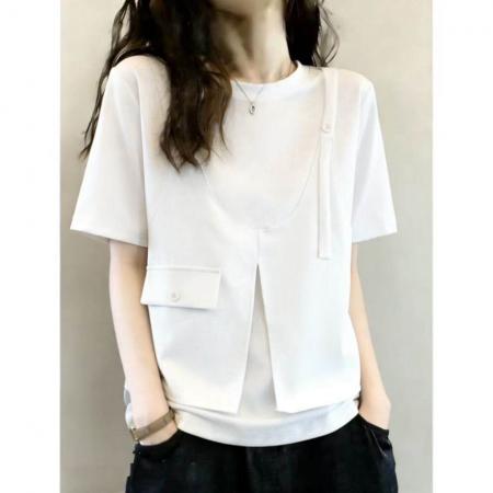 BY16152# 设计感假两件马甲短袖T恤女夏季大码胖mm工装风显瘦遮肚别致上衣 服裝批發女裝批發服飾貨源