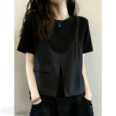 BY16152# 设计感假两件马甲短袖T恤女夏季大码胖mm工装风显瘦遮肚别致上衣 服裝批發女裝批發服飾貨源