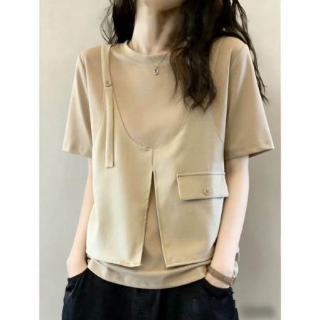 BY16152# 设计感假两件马甲短袖T恤女夏季大码胖mm工装风显瘦遮肚别致上衣 服裝批發女裝批發服飾貨源