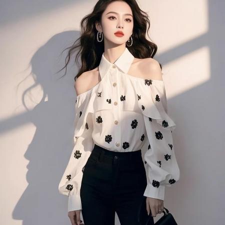 BY16153# 法式碎花镂空露肩长袖衬衫女设计感春秋季超好看荷叶边polo领上衣 服裝批發女裝批發服飾貨源
