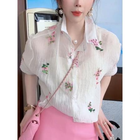 BY16154# 法式白色碎花长袖衬衫女士春季新款好看漂亮薄款开衫防晒上衣 服裝批發女裝批發服飾貨源