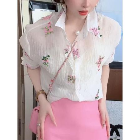 BY16154# 法式白色碎花长袖衬衫女士春季新款好看漂亮薄款开衫防晒上衣 服裝批發女裝批發服飾貨源