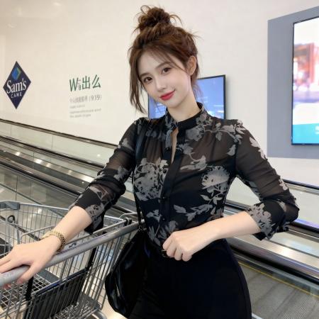 BY16155# 法式黑色网纱薄款长袖微透衬衫女新款爆款春季高级感气质打底上衣 服裝批發女裝批發服飾貨源