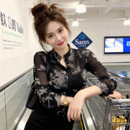 BY16155# 法式黑色网纱薄款长袖微透衬衫女新款爆款春季高级感气质打底上衣 服裝批發女裝批發服飾貨源