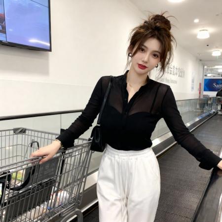 BY16155# 法式黑色网纱薄款长袖微透衬衫女新款爆款春季高级感气质打底上衣 服裝批發女裝批發服飾貨源