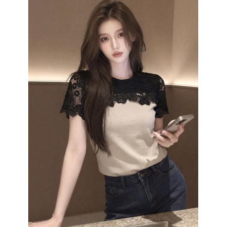 BY16156# 夏季新款轻熟法式风蕾丝拼接短袖T恤女杏色高级感设计感上衣 服裝批發女裝批發服飾貨源