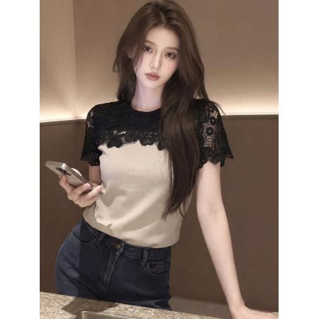 BY16156# 夏季新款轻熟法式风蕾丝拼接短袖T恤女杏色高级感设计感上衣 服裝批發女裝批發服飾貨源