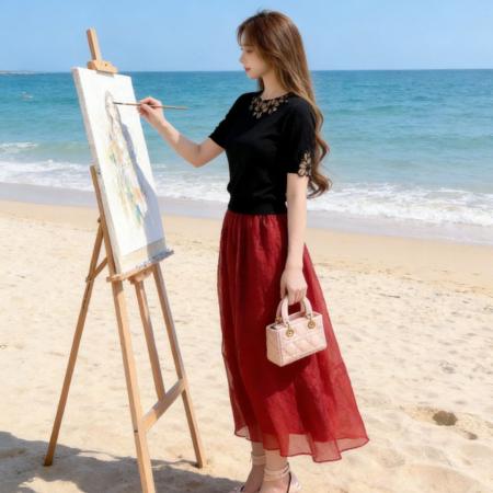 BY16157# 夏季款新中式洋气花边领上衣高腰超仙轻奢网纱裙 服裝批發女裝批發服飾貨源