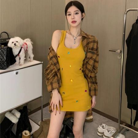 BY16175# 大码女装气质吊带连衣裙女夏季内搭高级感休闲重工钉钻无袖 服裝批發女裝批發服飾貨源