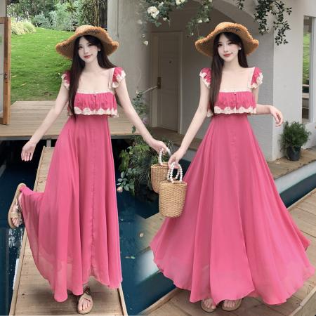 BY16177# 大码女装法式吊带连衣裙海边纯欲度假风蕾丝拼接性感无袖长 服裝批發女裝批發服飾貨源