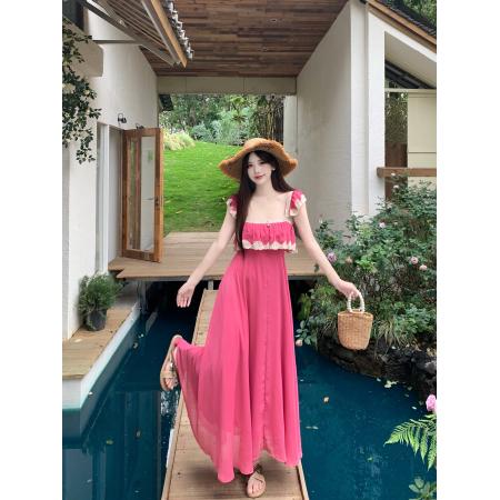 BY16177# 大码女装法式吊带连衣裙海边纯欲度假风蕾丝拼接性感无袖长 服裝批發女裝批發服飾貨源