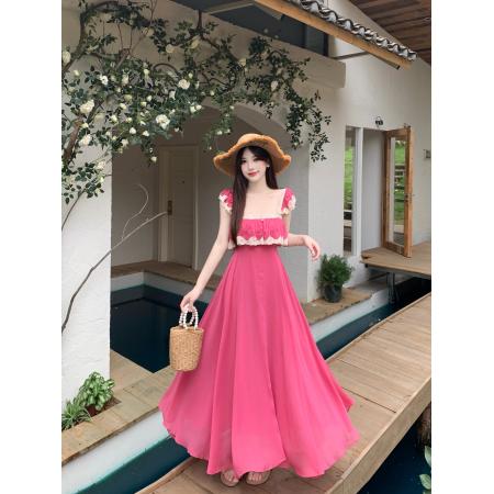 BY16177# 大码女装法式吊带连衣裙海边纯欲度假风蕾丝拼接性感无袖长 服裝批發女裝批發服飾貨源