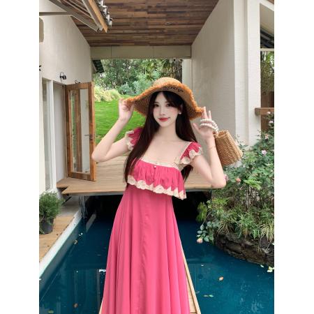 BY16177# 大码女装法式吊带连衣裙海边纯欲度假风蕾丝拼接性感无袖长 服裝批發女裝批發服飾貨源