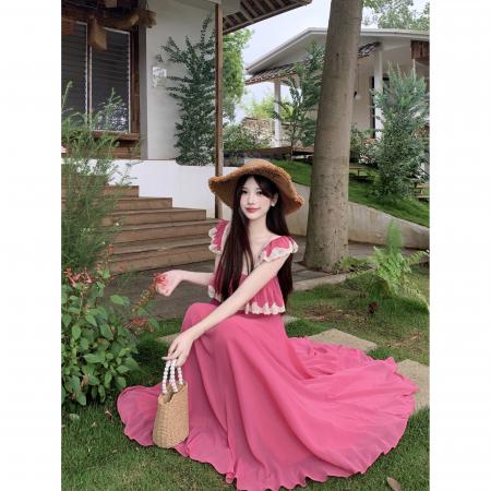 BY16177# 大码女装法式吊带连衣裙海边纯欲度假风蕾丝拼接性感无袖长 服裝批發女裝批發服飾貨源