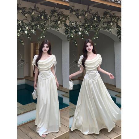 BY16178# 大码法式纯欲一字肩短袖连衣裙女夏季新款显瘦气质长裙 服裝批發女裝批發服飾貨源