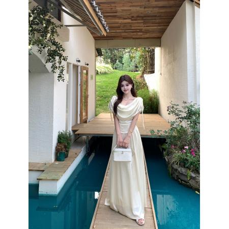 BY16178# 大码法式纯欲一字肩短袖连衣裙女夏季新款显瘦气质长裙 服裝批發女裝批發服飾貨源