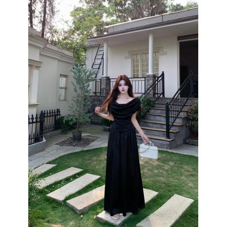 BY16178# 大码法式纯欲一字肩短袖连衣裙女夏季新款显瘦气质长裙 服裝批發女裝批發服飾貨源