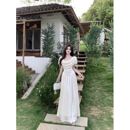 BY16178# 大码法式纯欲一字肩短袖连衣裙女夏季新款显瘦气质长裙 服裝批發女裝批發服飾貨源