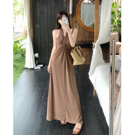 BY16179# 大码女装法式气质V领扭结褶皱连衣裙胖mm高级感显瘦性感长裙 服裝批發女裝批發服飾貨源