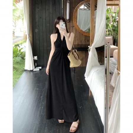 BY16179# 大码女装法式气质V领扭结褶皱连衣裙胖mm高级感显瘦性感长裙 服裝批發女裝批發服飾貨源