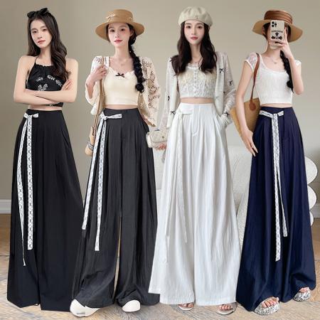 BY16183# 藏青色蕾丝系带天丝棉阔腿裤女夏季新款冰丝垂感宽松休闲拖地裤裙 服裝批發女裝批發服飾貨源