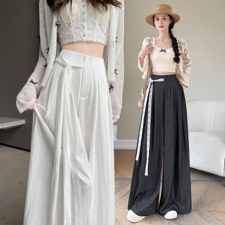 BY16183# 藏青色蕾丝系带天丝棉阔腿裤女夏季新款冰丝垂感宽松休闲拖地裤裙 服裝批發女裝批發服飾貨源