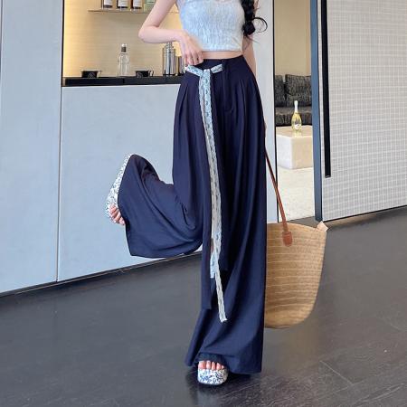 BY16183# 藏青色蕾丝系带天丝棉阔腿裤女夏季新款冰丝垂感宽松休闲拖地裤裙 服裝批發女裝批發服飾貨源