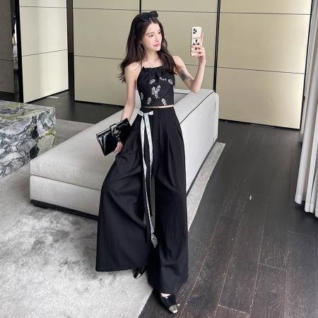 BY16183# 藏青色蕾丝系带天丝棉阔腿裤女夏季新款冰丝垂感宽松休闲拖地裤裙 服裝批發女裝批發服飾貨源