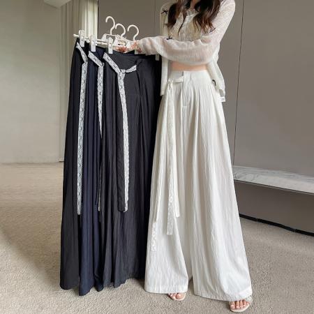 BY16183# 藏青色蕾丝系带天丝棉阔腿裤女夏季新款冰丝垂感宽松休闲拖地裤裙 服裝批發女裝批發服飾貨源