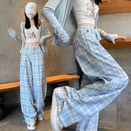 BY16184# 蕾丝花边宽松阔腿裤女新款秋季休闲裤蓝色格子长裤慵懒显瘦裤子 服裝批發女裝批發服飾貨源