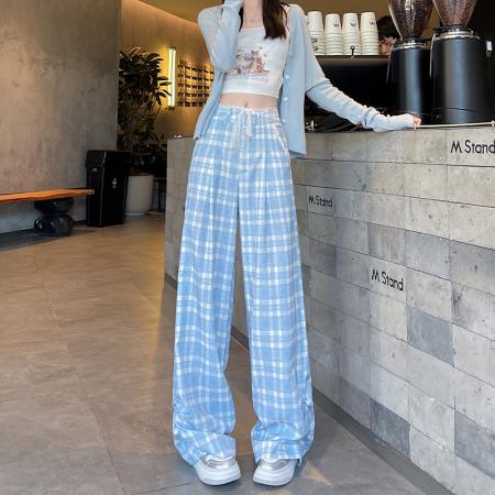 BY16184# 蕾丝花边宽松阔腿裤女新款秋季休闲裤蓝色格子长裤慵懒显瘦裤子 服裝批發女裝批發服飾貨源