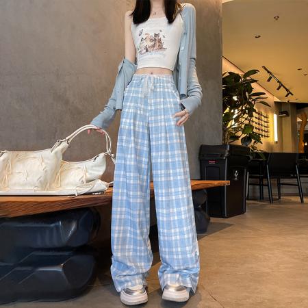 BY16184# 蕾丝花边宽松阔腿裤女新款秋季休闲裤蓝色格子长裤慵懒显瘦裤子 服裝批發女裝批發服飾貨源