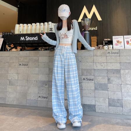 BY16184# 蕾丝花边宽松阔腿裤女新款秋季休闲裤蓝色格子长裤慵懒显瘦裤子 服裝批發女裝批發服飾貨源