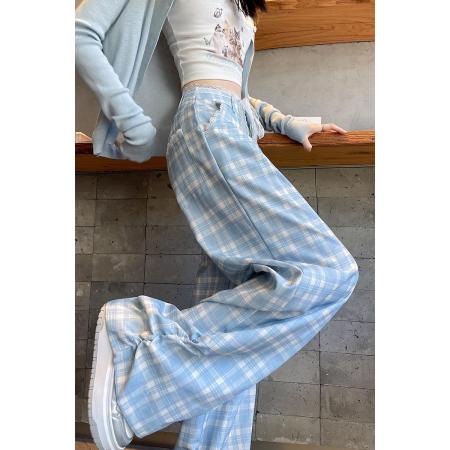 BY16184# 蕾丝花边宽松阔腿裤女新款秋季休闲裤蓝色格子长裤慵懒显瘦裤子 服裝批發女裝批發服飾貨源