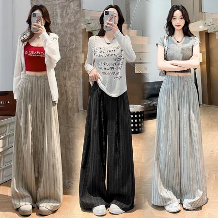 BY16186# 韩系复古条纹阔腿裤女夏季新款设计感绑带百搭老钱风西装裤子 服裝批發女裝批發服飾貨源