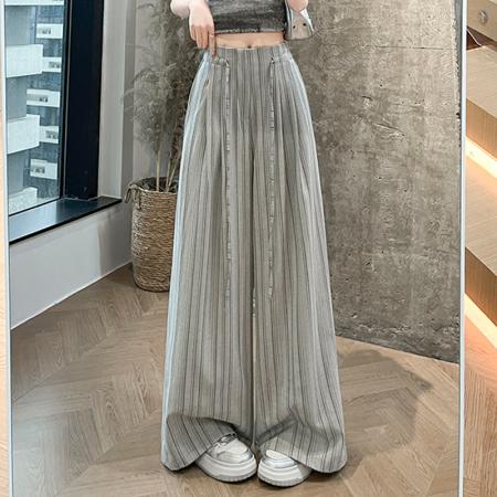 BY16186# 韩系复古条纹阔腿裤女夏季新款设计感绑带百搭老钱风西装裤子 服裝批發女裝批發服飾貨源