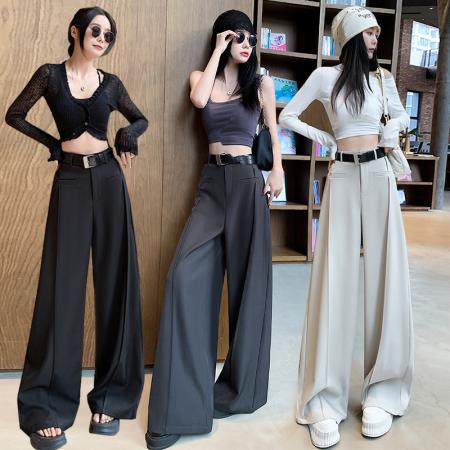 BY16187# 灰色休闲西装裤女春季高级感垂感高腰显瘦直筒阔腿宽松拖地裤 服裝批發女裝批發服飾貨源