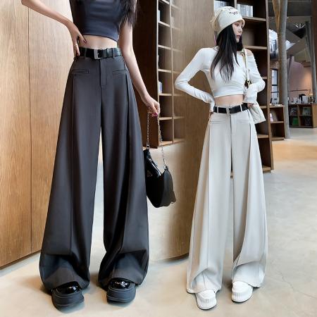 BY16187# 灰色休闲西装裤女春季高级感垂感高腰显瘦直筒阔腿宽松拖地裤 服裝批發女裝批發服飾貨源