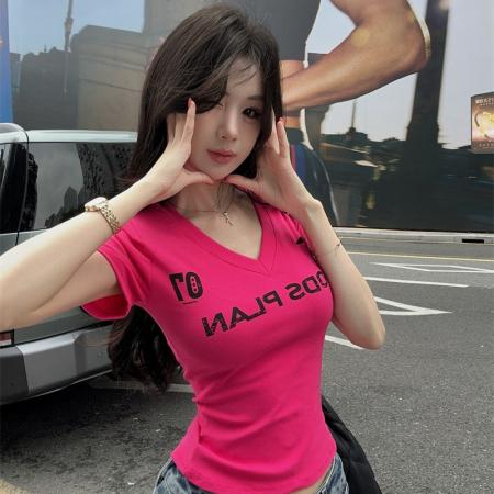 BY16188# 美式辣妹V领短袖T恤女夏季新款气质修身短款上衣 服裝批發女裝批發服飾貨源