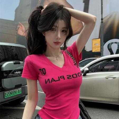 BY16188# 美式辣妹V领短袖T恤女夏季新款气质修身短款上衣 服裝批發女裝批發服飾貨源